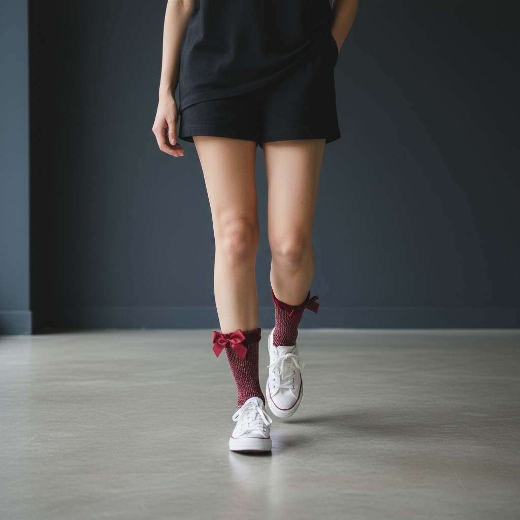 Bordo Simli Kurdeleli Çorap