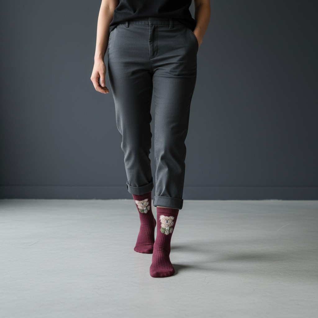 Kabartmalı Ayıcıklı Bordo Çorap