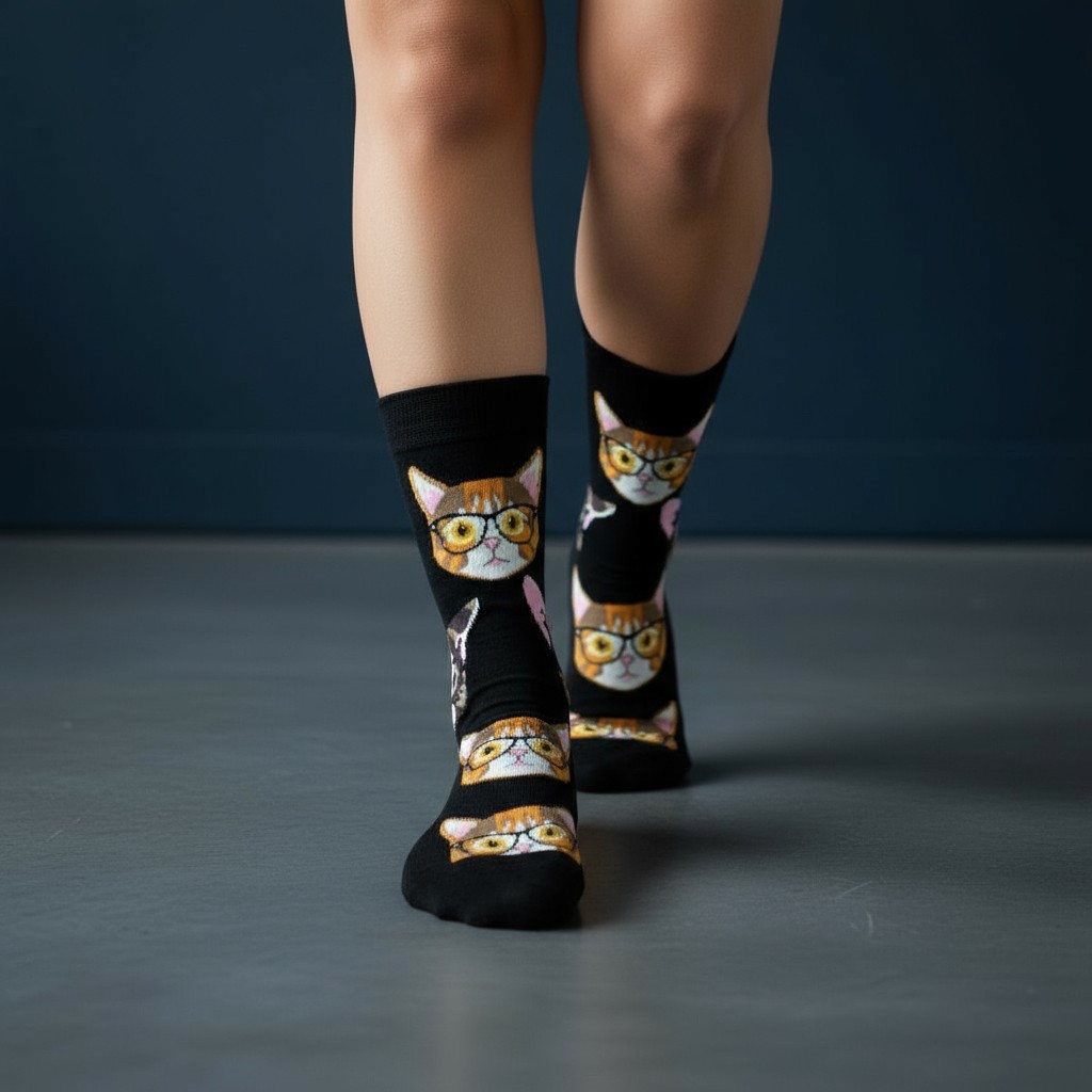 Akıllı ve Sevimli: Gözlüklü Kedi Desenli Çorap