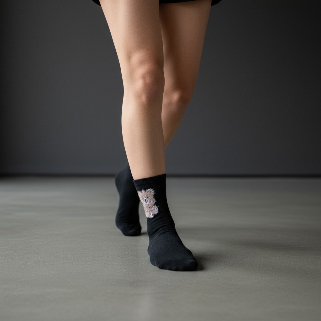 Kabartmalı Ayıcık Desenli Siyah Çorap