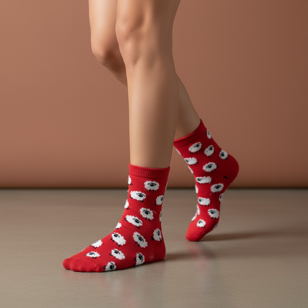 Kırmızı Sevimli Kuzu Desenli Çorap